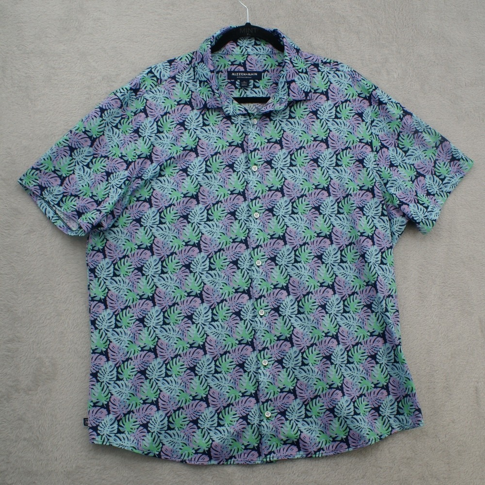 Mizzen + Main Mens‎ XL Classic Fit Tropical Monstera Leaf Performance Shirt Blue
